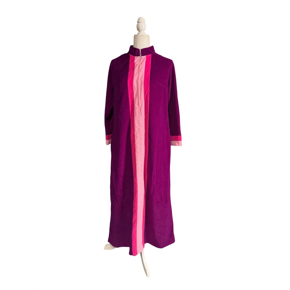 Vintage Vanity Fair Velour Zip Front Maxi Robe Purple Pink Colorblock Size 14